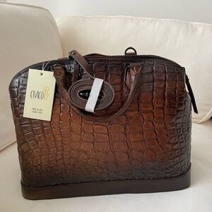 Crocodile Embossed Brown Leather Handbag